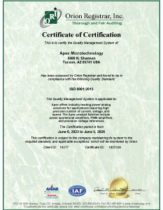 Apex Microtechnology's ISO-9001 certificate