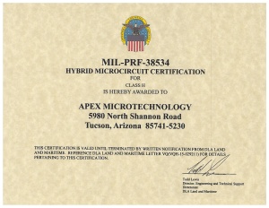 Apex Microtechnology's MIL-PRF-38534 certificate